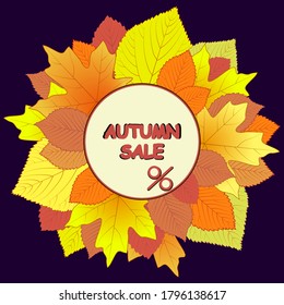 Banner "Autumn sale". On a purple background, a circle of yellow leaves, in the center - the inscription - sale.