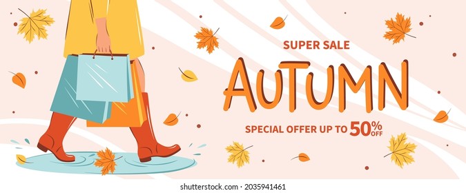 Banner autumn sale.  Woman with purchases in autumn. Bright poster, flyer with invitation for shopping. Vector Illustration