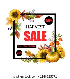 Banner of autumn sale with yellow leaves, fruits, berries and vegetables.