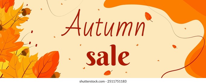 Venta de otoño de Anuncio con hojas amarillas. Venta de otoño. Oferta publicitaria, descuentos y rebajas.