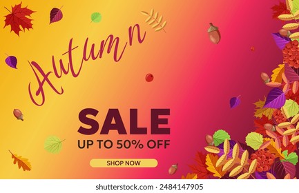 banner with autumn sales, autumn falling leaves, acorns, rowan berries on a red and yellow background