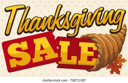 Banner with a autumnal maple leaves, traditional cornucopia and broken sale tag for Thanksgiving offers season.