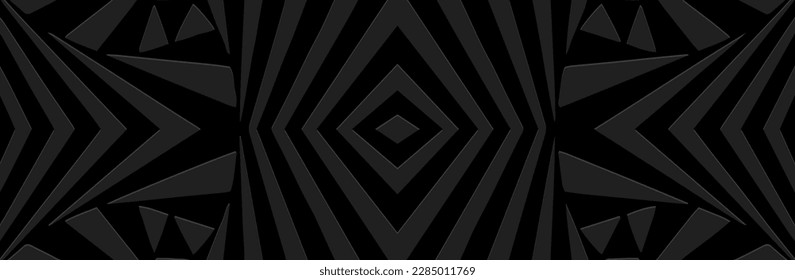 Banner, avant-garde cover design. Embossed ethnic geometric abstract 3d pattern of wide lines. Black background, press paper. Themes of the East, Asia, India, Mexico, Aztecs, Peru.
