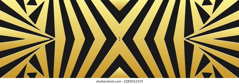 Banner, avant-garde cover design. Embossed ethnic geometric 3D pattern of wide lines. Black background, golden texture, press paper. Themes of the East, Asia, India, Mexico, Aztecs, Peru.