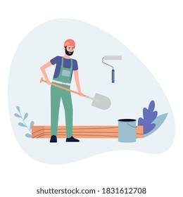 Banner or avatar for construction and building works commercial services with builder or handyman working, flat vector illustration isolated on white background.