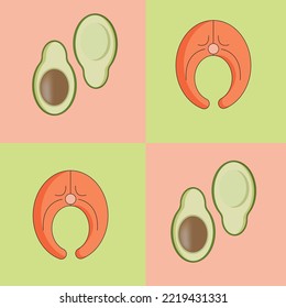 Banner with avocado and salmon on geometric background. Vector illustration in the style of flat with organic food. Wellness food concept.