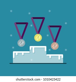 banner of awarding ceremony. sport podium for winners with gold, silver and bronze medals. winter snowy pedestal background concept for ice hockey or winter games. vector illustration - flat style.