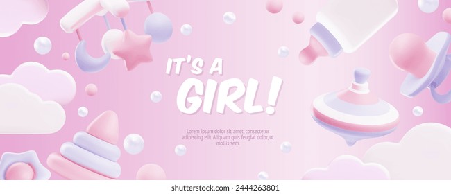 Banner for baby shower. 3D Vector illustration of toys for girls on a pink background with space for text. Delicate designs for congratulations and invitations.