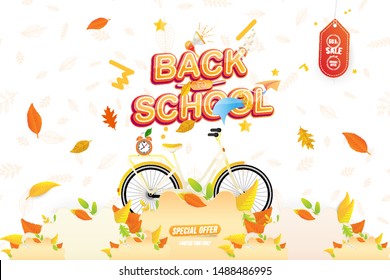 Banner Back to School. Autumn Sale 50% special offer with women city bicycle with colorful seasonal fall leaves and loudspeaker. Festive poster on the background with with alarm clock.