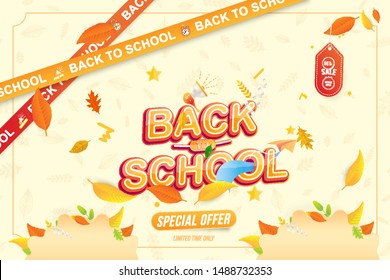 Banner Back to School. Autumn Sale 50% special offer with colorful seasonal fall leaves, paper airplane and loudspeaker. Festive poster on the background with with alarm clock.