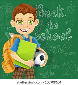 Banner Back to school - boy with backpack at the board ready to learn