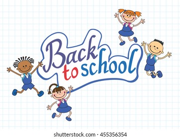 banner back to school boy girl pupil lettering logo vector illustration