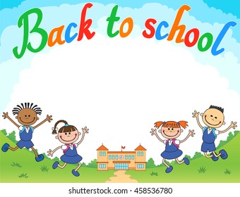 banner back to school boy girl pupil lettering logo vector illustration