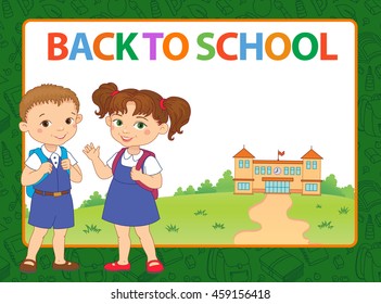 banner back to school with boy and girl pupil, lettering green frame, vector illustration