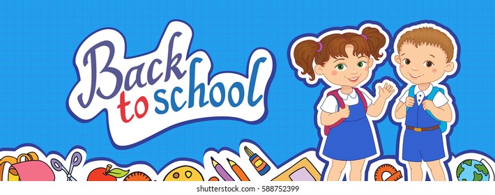 banner back to school boy girl pupil lettering logo vector illustration