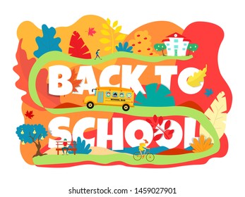 Banner back to school. The school bus goes up the hill to the school. A girl riding a bike. Autumn in pink. Colorful leaves, pears on a tree. EPS 10 vector