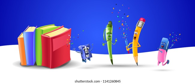 Banner back to school characters: school utensils cartoon characters. Blue background. Vector