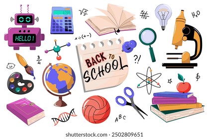  Banner Back to school. Children with backpacks, books, paints and a brush, pen, pencil, light bulb, scissors, calculator, robot, magnifying glass, microscope, DNA, ball.