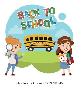 banner back to school, children in school uniform, preschool students happy with classes.