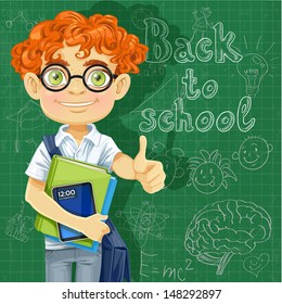 Banner - Back to school - Cute boy in glasses near the blackboard
