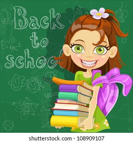 Banner Back to school - cute girl with books at the board ready to learn