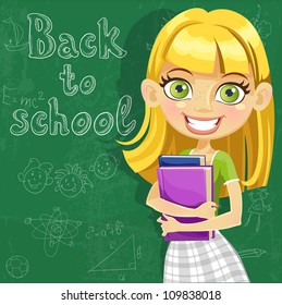 Banner Back to school - cute teenager girl at the board ready to learn