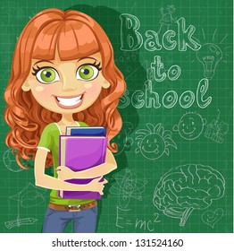 Banner Back to school - cute teenager girl at the blackboard