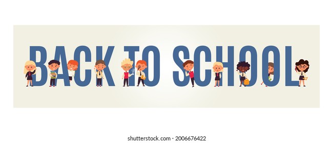 banner back to school. Funny cartoon characters. Little students. 11 people in uniform. Kindergarten, college website layout. Start study at educational institution. Vector illustration, flat