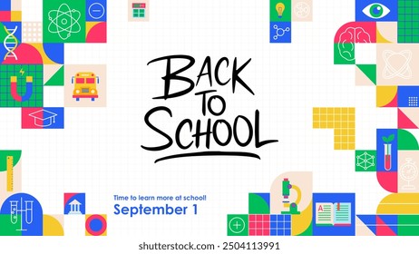 Banner Back to School Geometrical. Vector Illustration of  Education Background Concept. Learn University Symbol Promotion. Science Physics.