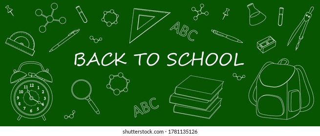 Banner back to school on a green background vector illustration. Stationery draw with pencils notebooks paper planers scissors books rulers