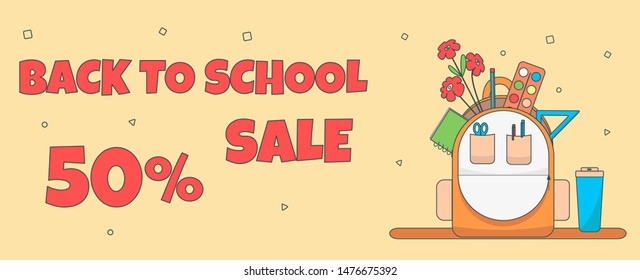 Banner back to school  sale 50 percent off,with bag Vector 