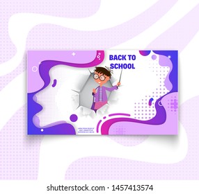 Banner - back to school and sale, flat style with geometric figures and characters.