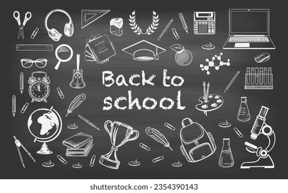 Banner back to school. Sketch style drawing with chalk on a black board. School supplies, stationery. Rectangular composition with copy space in the center. Drawn by hand. Vector illustration