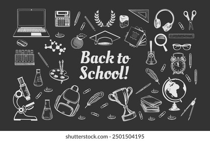 Banner back to school. Sketch style drawing with chalk on a black board. School supplies, stationery. Rectangular composition with copy space in the center. Drawn by hand. Vector illustration