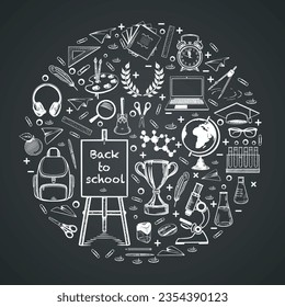 Banner back to school. Sketch stylized drawing with chalk on a black board. School supplies, stationery. In a circle composition . Drawn by hand. Vector