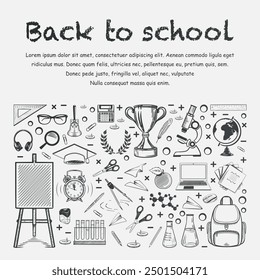 Banner back to school. Sketch stylized drawing with chalk on a white board School supplies, stationery. Rectangular composition with copy space at the bottom. Drawn by hand. Vector
