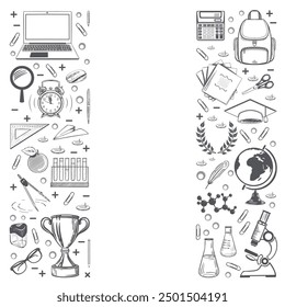 Banner back to school. Sketch stylized drawing with chalk on a white board  School supplies, stationery. Vertical composition with copy space in the center. Drawn by hand. Vector