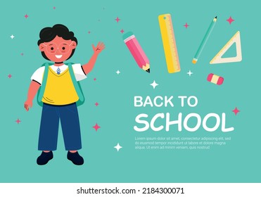 Banner "Back to school" with a smiling student and school supplies. Colorful back to school template for invitation, poster, banner, promotion, sale, etc. school supplies cartoon illustration. Vector 