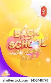Banner Back to School. Summer Sale 50% Text effect with a paper airplane and a loudspeaker. Festive poster on the background with light effects. Flat Vector Illustration EPS10