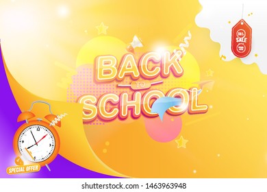 Banner Back to School. Summer Sale 50% Text effect with a paper airplane and a loudspeaker. Festive poster on the background with with alarm clock and light effects. Flat Vector Illustration EPS10