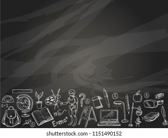Banner back to school with school supplies, such as a backpack, book, laptop, globe and others, drawn chalk on a blackboard. Vector.