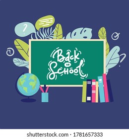 Banner back to school text drawing by colorful chalk in blackboard with school items and elements. Vector illustration banner flayer. globe books, pens pencils on white background. flat