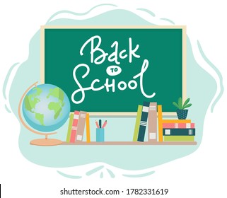 Banner back to school text drawing by colorful chalk in blackboard with school items and elements. Vector illustration banner flayer. globe books, pens pencils on white background. flat