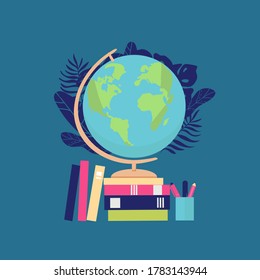 Banner back to school text drawing by colorful chalk in blackboard with school items and elements. Vector illustration banner flayer. globe books, pens pencils on white background. flat