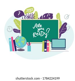 Banner back to school text drawing by colorful chalk in blackboard with school items and elements. Vector illustration banner flayer. globe books, pens pencils on white background. flat