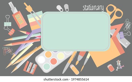 Banner Back to school. Vector illustration with school supplies and stationery with place for text.