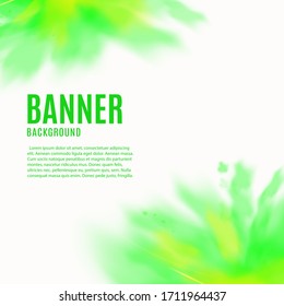Banner backdrop with green paint pigment powder explosion, realistic vector illustration. Background for business banner or card with colorful abstract element.