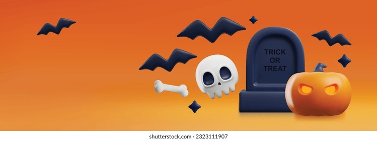 Banner backdrop for Halloween with 3D realistic symbols of holiday, render vector illustration on color background. Vertical banner or poster for Halloween.