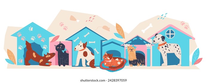 Banner backdrop for pet adoption and animal shelters to[pics, providing homes for dogs and cats in need. Pet care, adoption and support animal charity organizations.