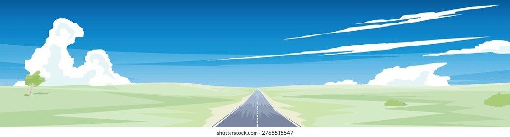 Banner background of asphalt road strode straight ahead. Amidst the empty space of rolling hills covered in green grass, a solitary tree stood. Under a clear blue sky, clouds drifted by the wind.